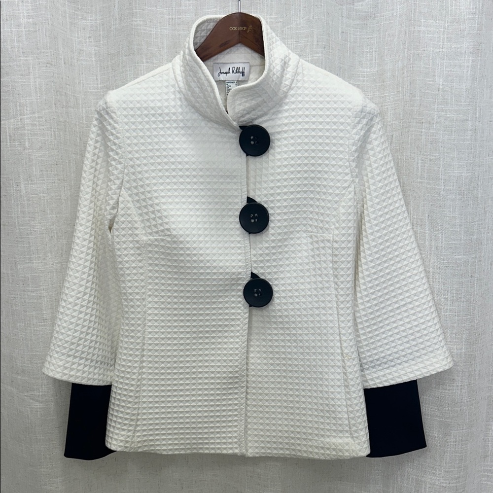 Joseph Ribkoff White Textured Jacket with Black Sleeves & Buttons Size 8